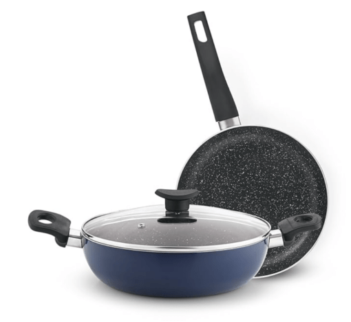 Bergner Aster Non-Stick 4 Pcs Cookware Set - 24cm (2.5 L) Kadai with Glass Lid, 24cm Frypan and 28cm Tawa, Soft Touch Handle, Even Heat Distribution - Induction Bottom, Diwali/Anniversary Gifting